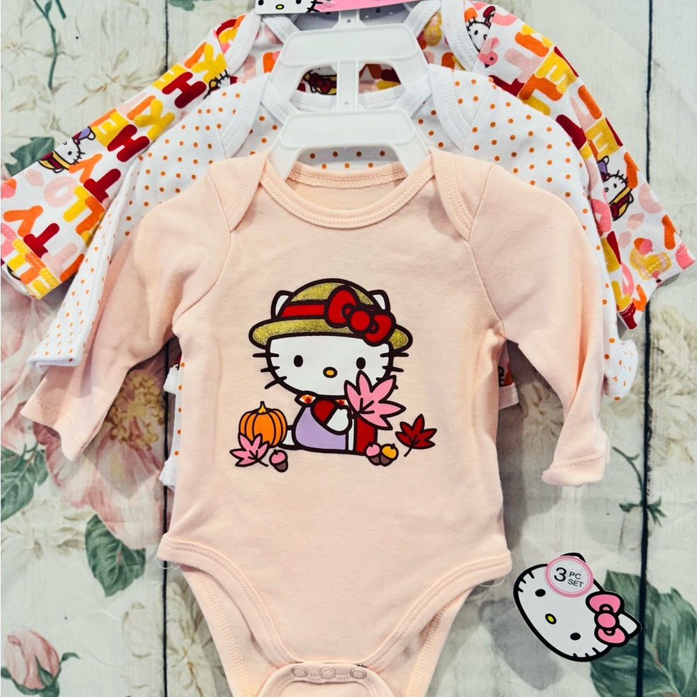 Hello Kitty Halloween Pumpkin Fall Baby Girl 3 Piece Set Bodysuits Newborn NWT
